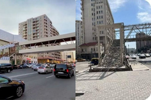 Bakıda qanunsuz olaraq tikilən piyada keçidi sökülür - FOTO/VİDEO